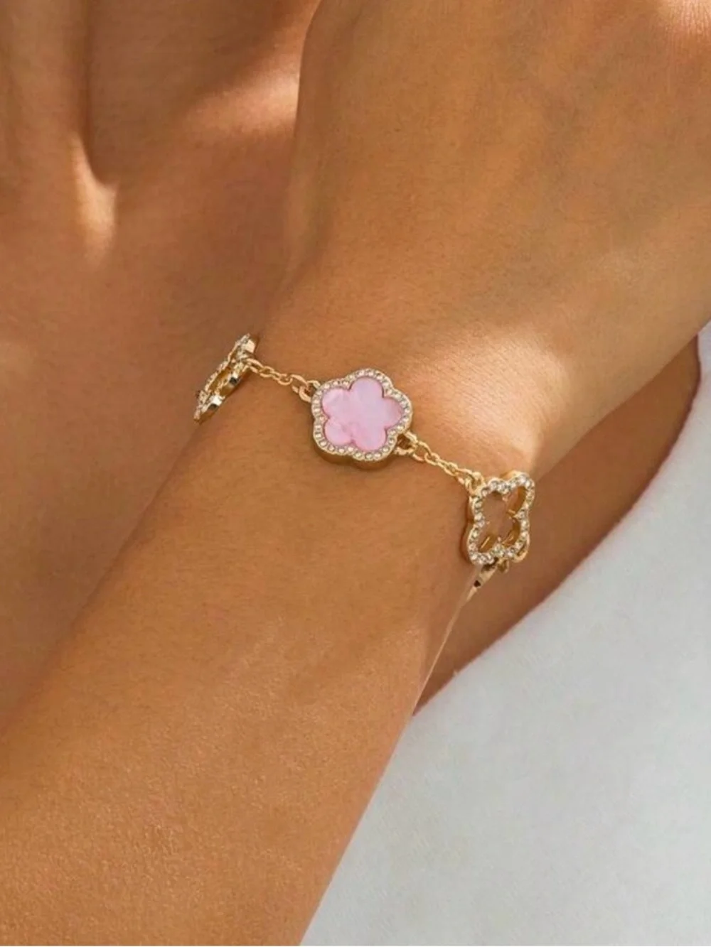 Gold Plated Pink Clover Link Bracelet - Picture 3 of 4